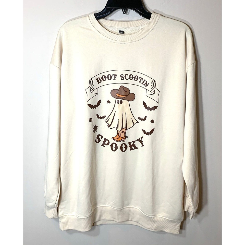 Halloween Sweatshirt Womens XL Ivory Western Ghost Cowboy Boot Scootin Spooky